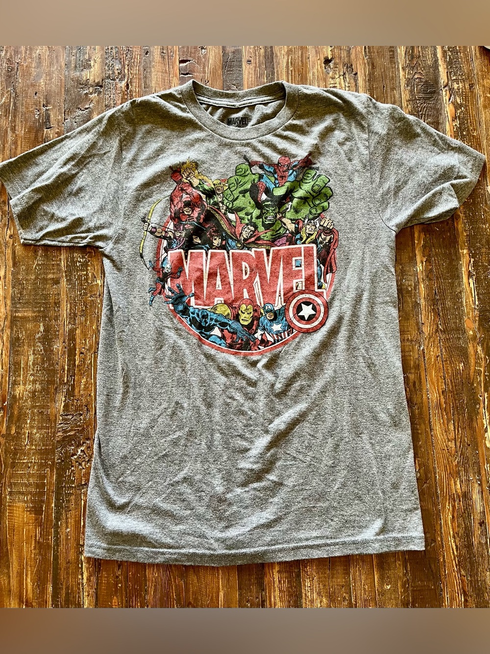 Marvel Gray Tee with Colorful Avengers & Superhero Crest Adult Sz S